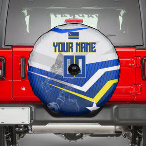 Personalized Curacao Football Marlin Mascot Spare Tire Cover Caribbean Flag Colors Geometric Blue
