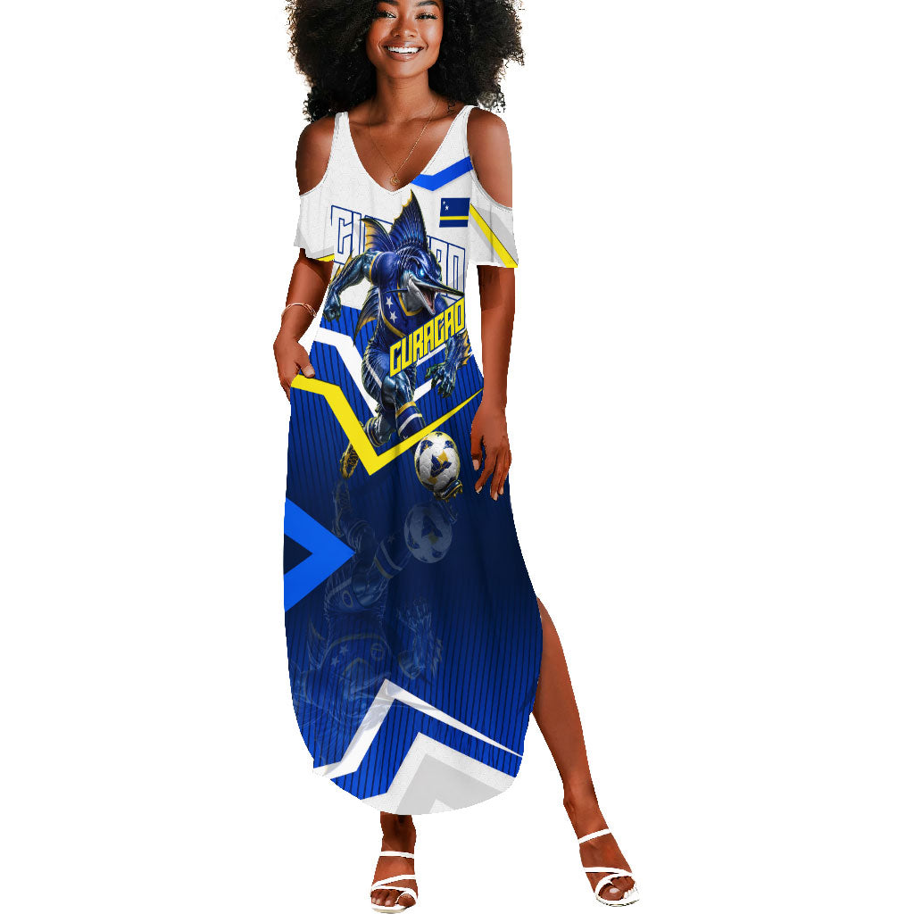 Personalized Curacao Football Marlin Mascot Summer Maxi Dress Caribbean Flag Colors Geometric Blue