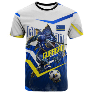 Personalized Curacao Football Marlin Mascot T shirt Caribbean Flag Colors Geometric Blue