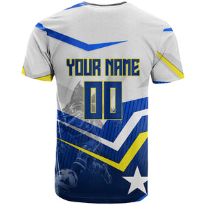 Personalized Curacao Football Marlin Mascot T shirt Caribbean Flag Colors Geometric Blue