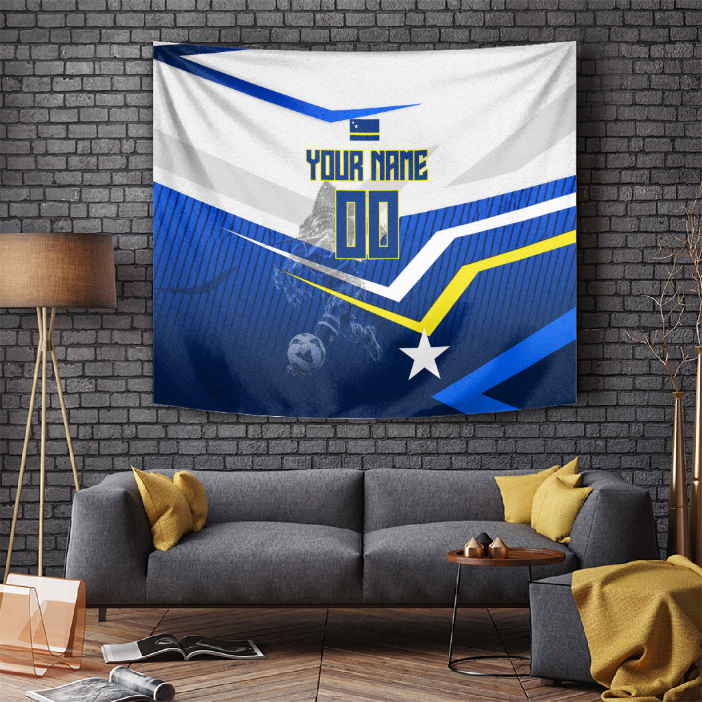 Personalized Curacao Football Marlin Mascot Tapestry Caribbean Flag Colors Geometric Blue