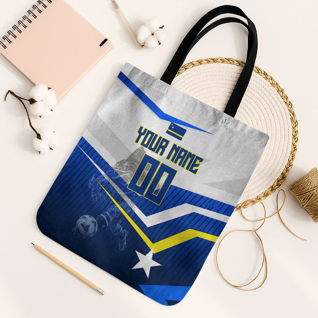 Personalized Curacao Football Marlin Mascot Tote Bag Caribbean Flag Colors Geometric Blue