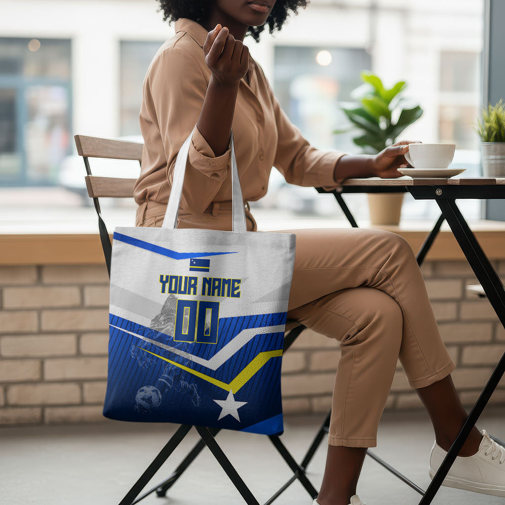 Personalized Curacao Football Marlin Mascot Tote Bag Caribbean Flag Colors Geometric Blue