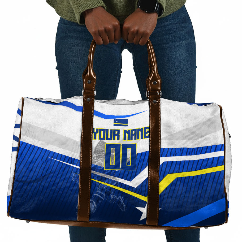 Personalized Curacao Football Marlin Mascot Travel Bag Caribbean Flag Colors Geometric Blue