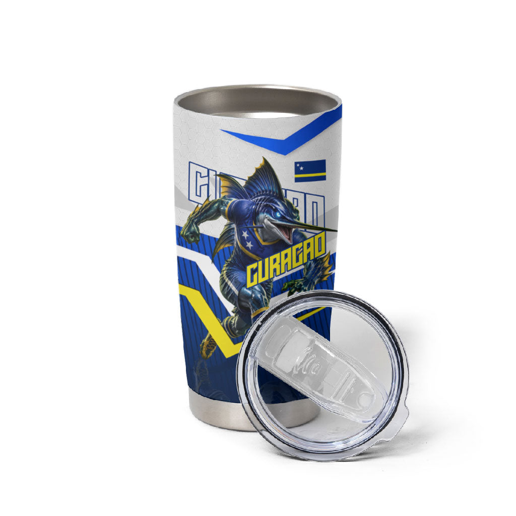 Personalized Curacao Football Marlin Mascot Tumbler Cup Caribbean Flag Colors Geometric Blue