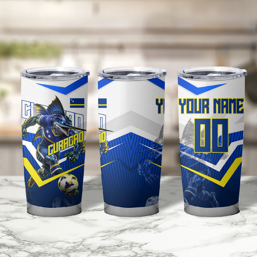 Personalized Curacao Football Marlin Mascot Tumbler Cup Caribbean Flag Colors Geometric Blue