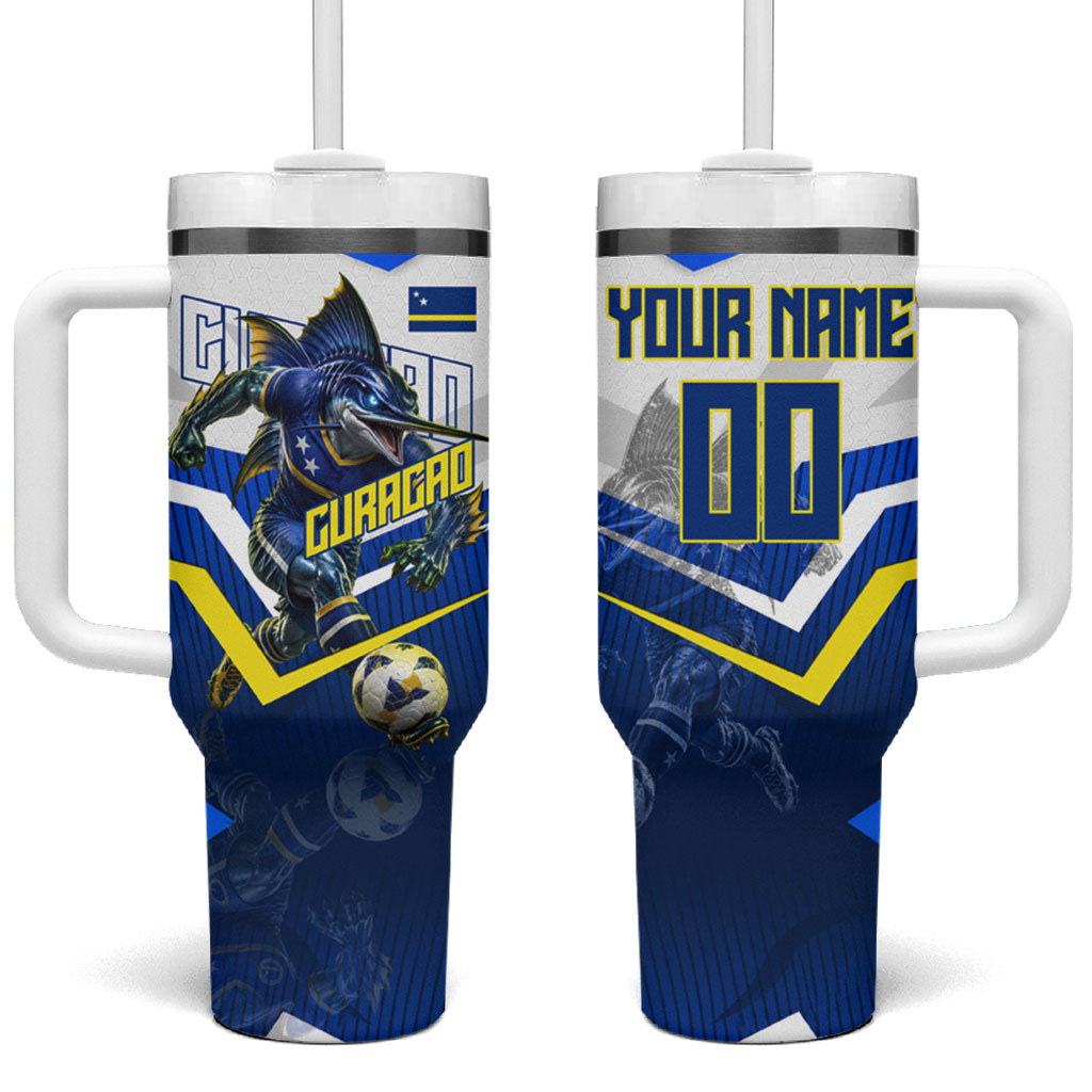 Personalized Curacao Football Marlin Mascot Tumbler With Handle Caribbean Flag Colors Geometric Blue