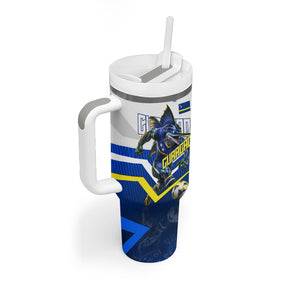 Personalized Curacao Football Marlin Mascot Tumbler With Handle Caribbean Flag Colors Geometric Blue