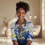 Personalized Curacao Football Marlin Mascot Women Casual Shirt Caribbean Flag Colors Geometric Blue