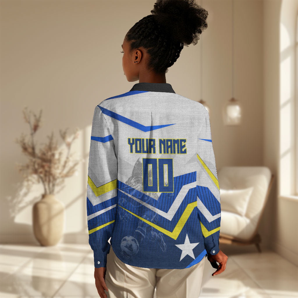 Personalized Curacao Football Marlin Mascot Women Casual Shirt Caribbean Flag Colors Geometric Blue