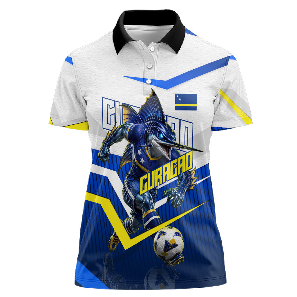 Personalized Curacao Football Marlin Mascot Women Polo Shirt Caribbean Flag Colors Geometric Blue