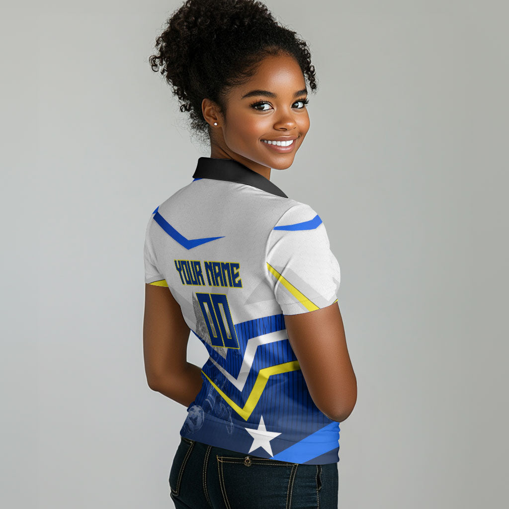 Personalized Curacao Football Marlin Mascot Women Polo Shirt Caribbean Flag Colors Geometric Blue