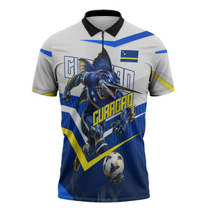 Personalized Curacao Football Marlin Mascot Zipper Polo Shirt Caribbean Flag Colors Geometric Blue