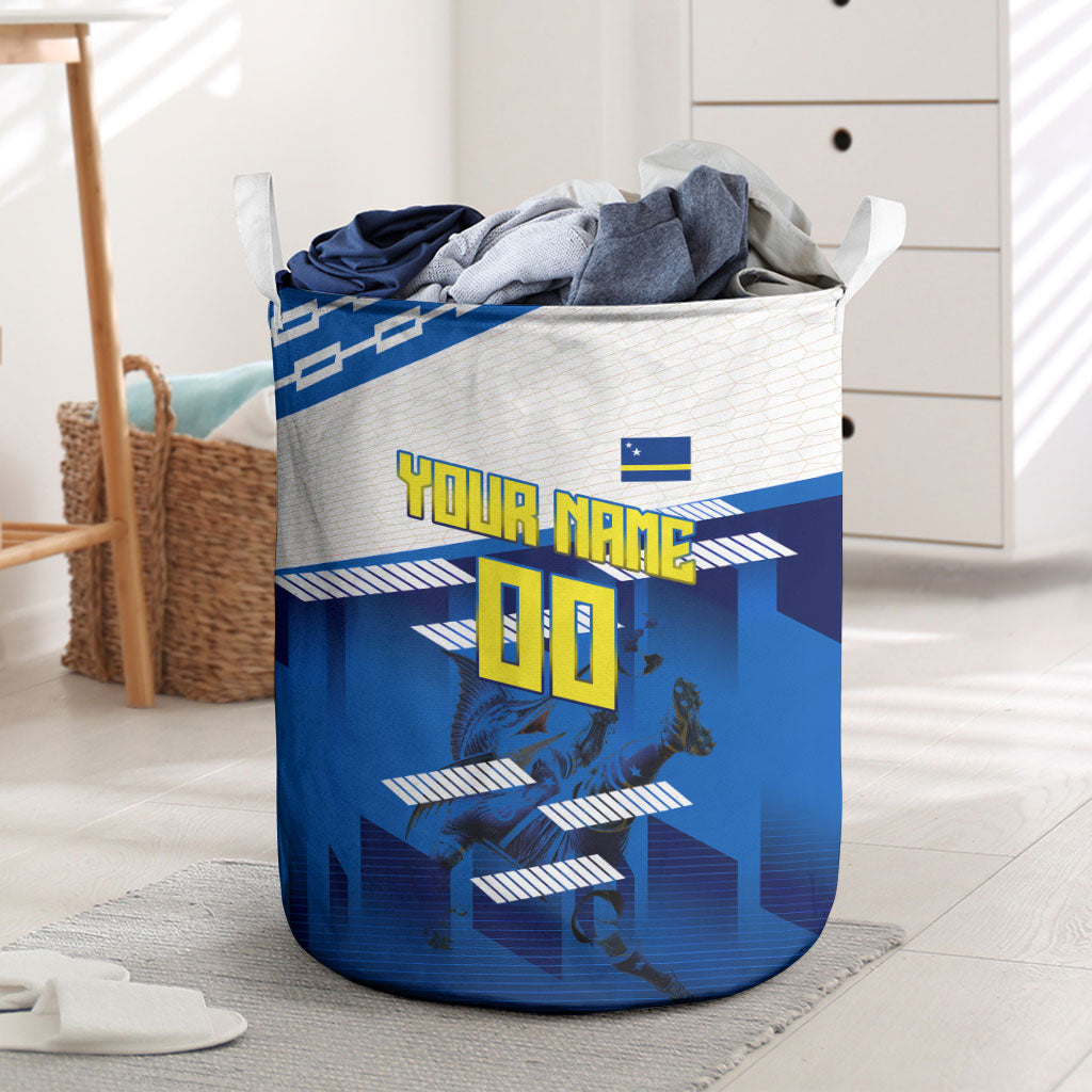 Personalized Curacao Football Laundry Basket Marlin Mascot Blue National Flag Accents