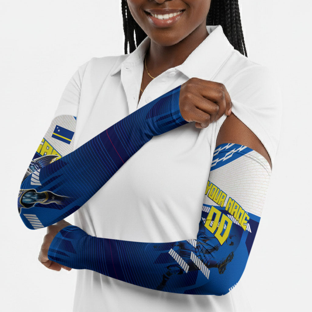 Personalized Curacao Football Arm Sleeves Marlin Mascot Blue National Flag Accents