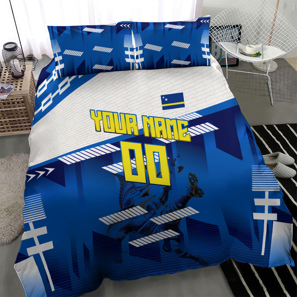 Personalized Curacao Football Bedding Set Marlin Mascot Blue National Flag Accents