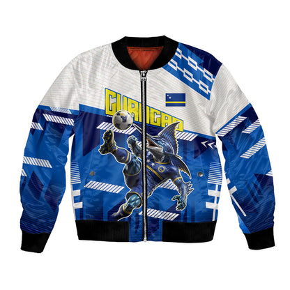 Personalized Curacao Football Bomber Jacket Marlin Mascot Blue National Flag Accents