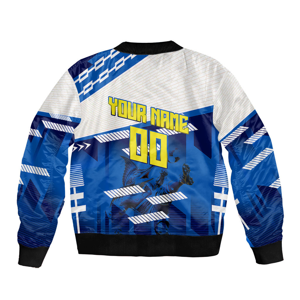 Personalized Curacao Football Bomber Jacket Marlin Mascot Blue National Flag Accents