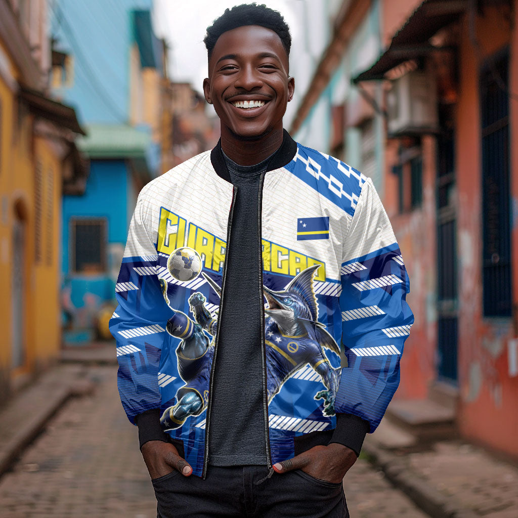 Personalized Curacao Football Bomber Jacket Marlin Mascot Blue National Flag Accents