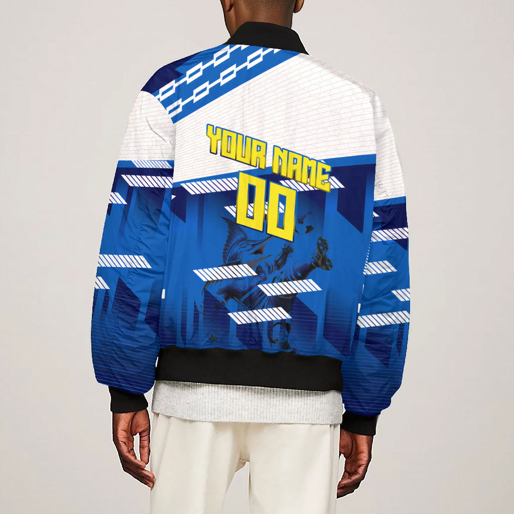 Personalized Curacao Football Bomber Jacket Marlin Mascot Blue National Flag Accents