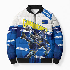 Personalized Curacao Football Bomber Puffer Jacket Marlin Mascot Blue National Flag Accents