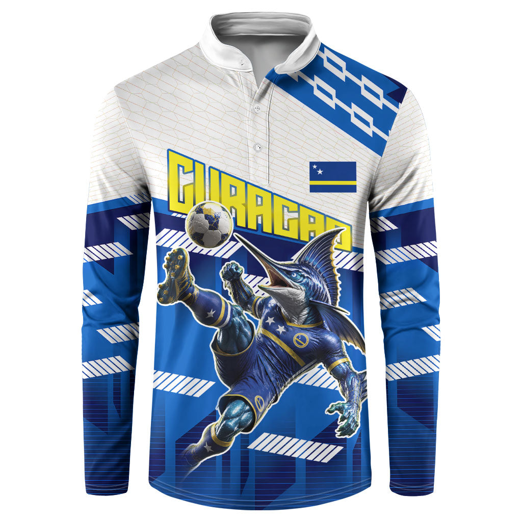 Personalized Curacao Football Button Sweatshirt Marlin Mascot Blue National Flag Accents