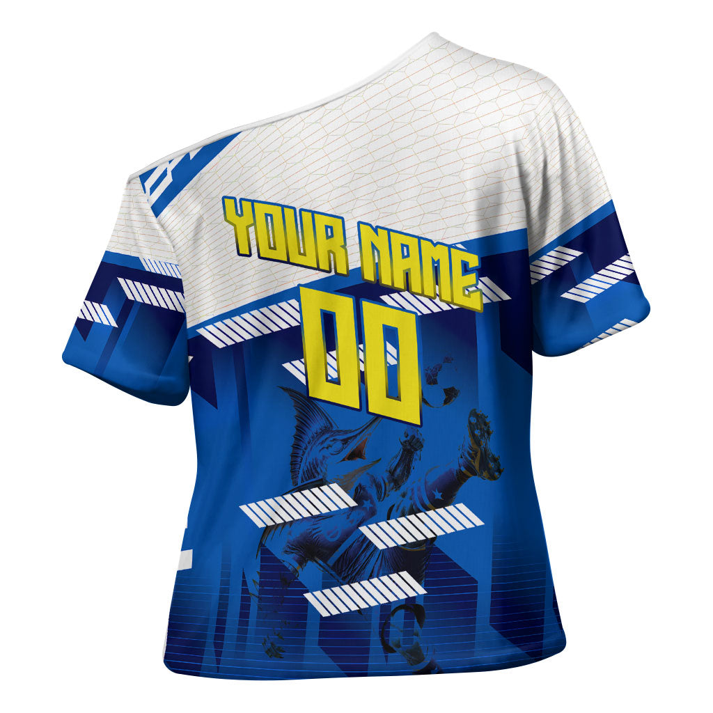 Personalized Curacao Football Cross Shoulder Shirt Marlin Mascot Blue National Flag Accents