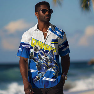 Personalized Curacao Football Hawaiian Shirt Marlin Mascot Blue National Flag Accents