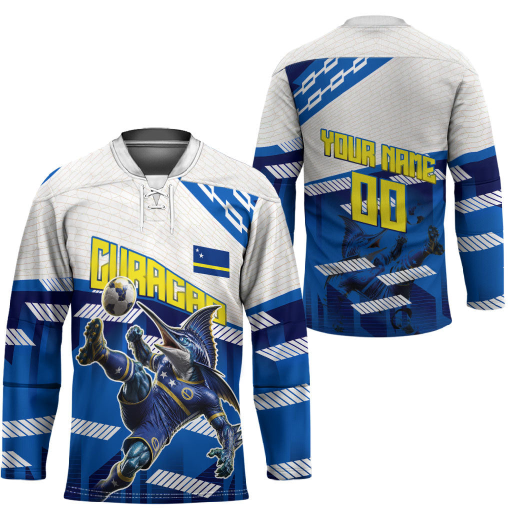 Personalized Curacao Football Hockey Jersey Marlin Mascot Blue National Flag Accents