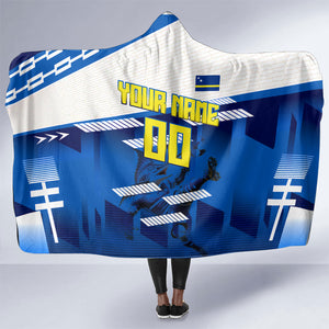Personalized Curacao Football Hooded Blanket Marlin Mascot Blue National Flag Accents
