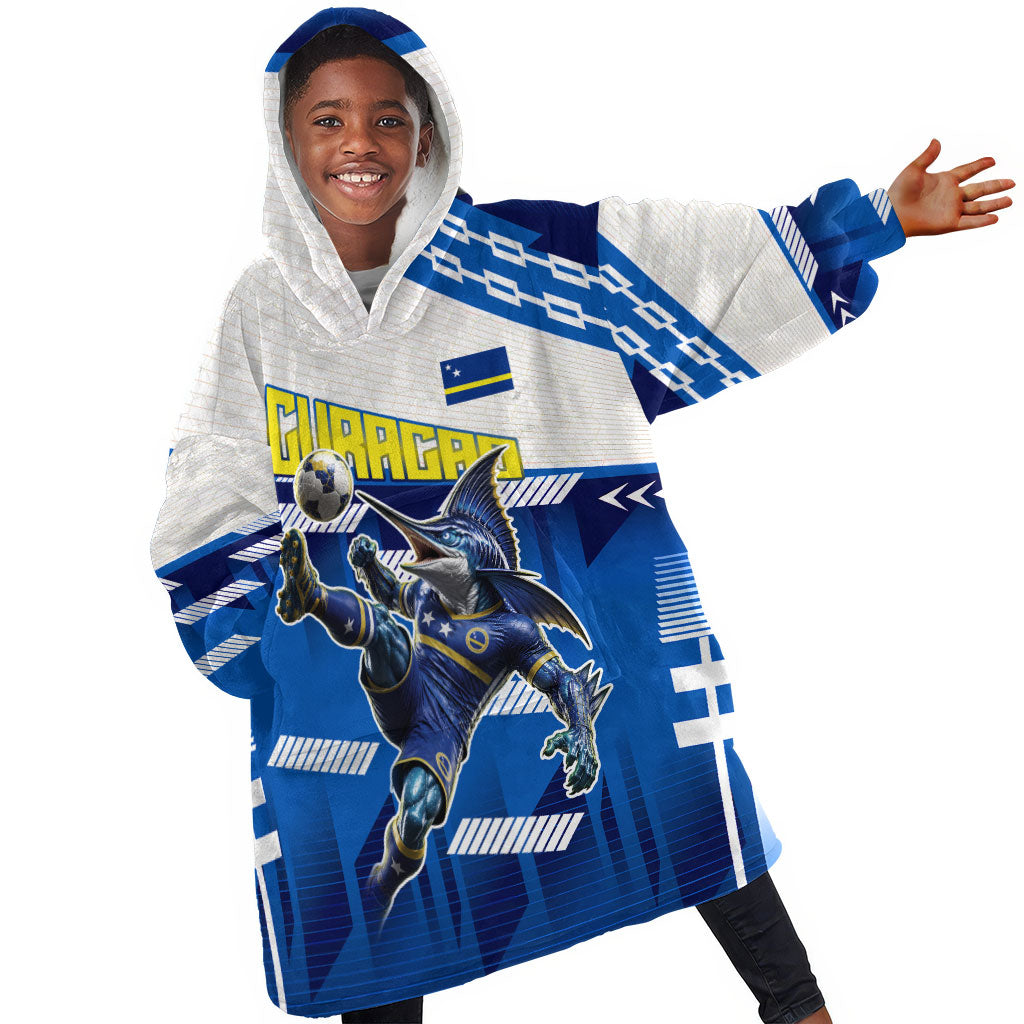 Personalized Curacao Football Kid Wearable Blanket Hoodie Marlin Mascot Blue National Flag Accents