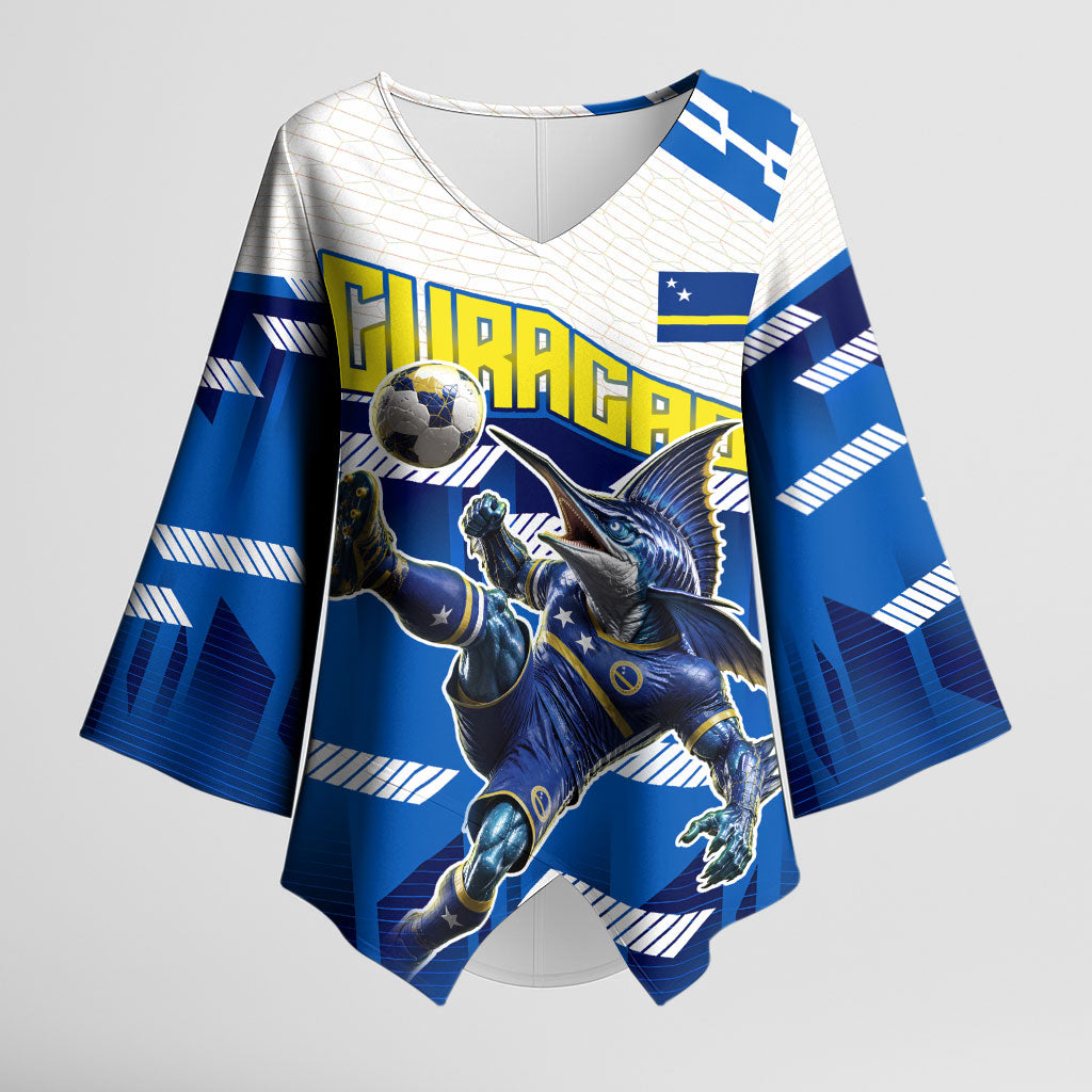 Personalized Curacao Football Kimono Sleeve Blouse Marlin Mascot Blue National Flag Accents