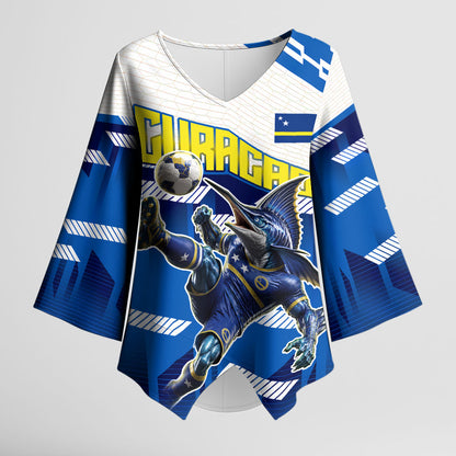 Personalized Curacao Football Kimono Sleeve Blouse Marlin Mascot Blue National Flag Accents