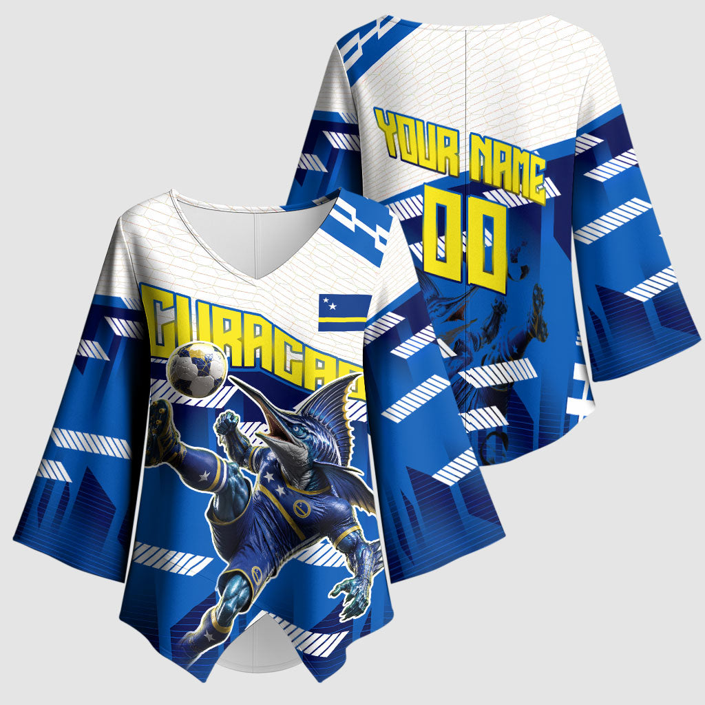 Personalized Curacao Football Kimono Sleeve Blouse Marlin Mascot Blue National Flag Accents