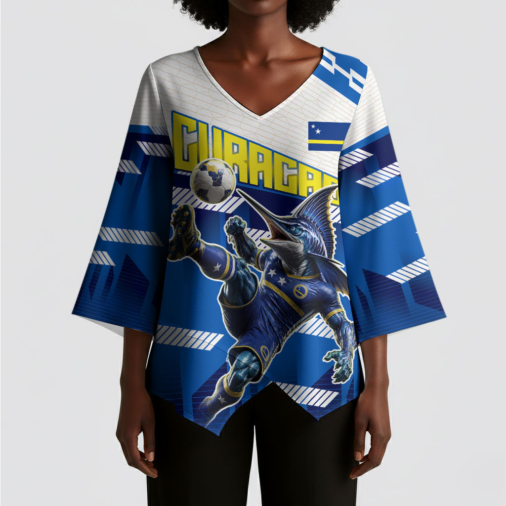 Personalized Curacao Football Kimono Sleeve Blouse Marlin Mascot Blue National Flag Accents