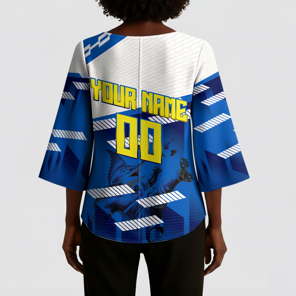 Personalized Curacao Football Kimono Sleeve Blouse Marlin Mascot Blue National Flag Accents