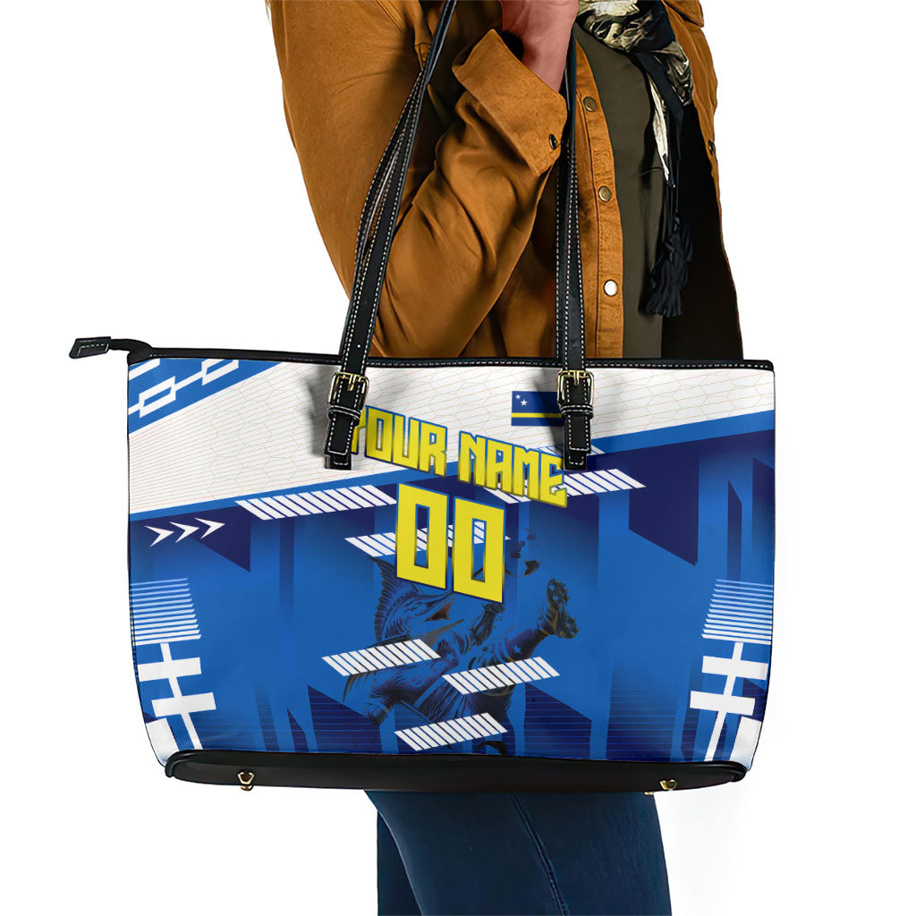 Personalized Curacao Football Leather Tote Bag Marlin Mascot Blue National Flag Accents