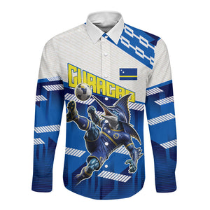 Personalized Curacao Football Long Sleeve Button Shirt Marlin Mascot Blue National Flag Accents