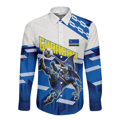 Personalized Curacao Football Long Sleeve Button Shirt Marlin Mascot Blue National Flag Accents