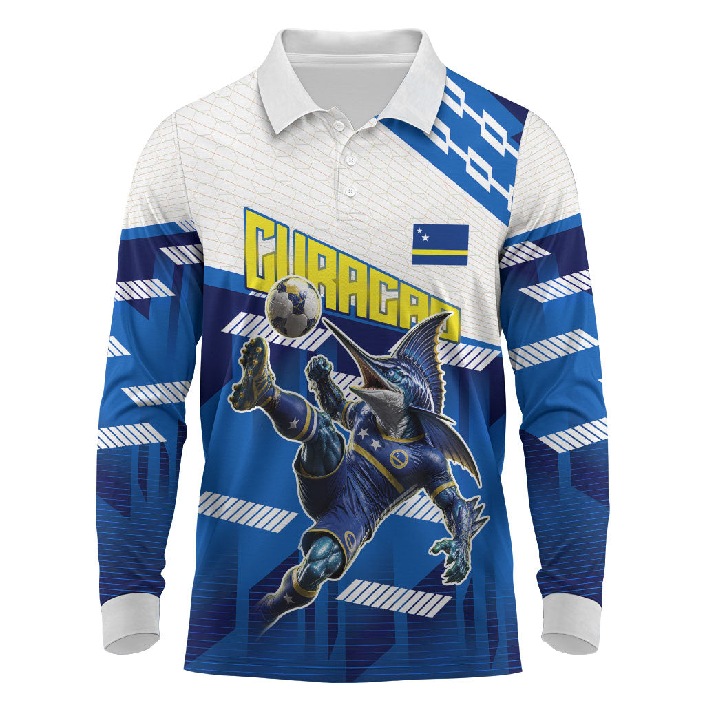 Personalized Curacao Football Long Sleeve Polo Shirt Marlin Mascot Blue National Flag Accents