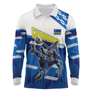 Personalized Curacao Football Long Sleeve Polo Shirt Marlin Mascot Blue National Flag Accents