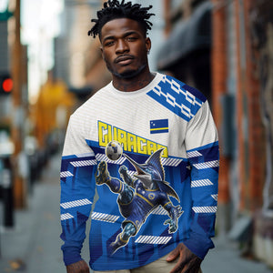 Personalized Curacao Football Long Sleeve Shirt Marlin Mascot Blue National Flag Accents