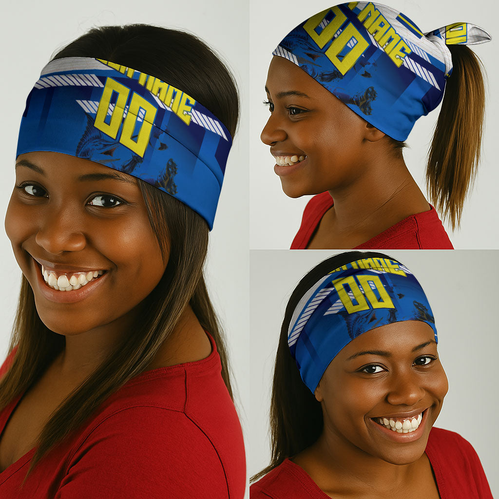Personalized Curacao Football Neck Gaiter Marlin Mascot Blue National Flag Accents