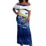 Personalized Curacao Football Off Shoulder Maxi Dress Marlin Mascot Blue National Flag Accents