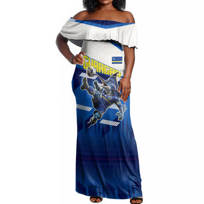 Personalized Curacao Football Off Shoulder Maxi Dress Marlin Mascot Blue National Flag Accents