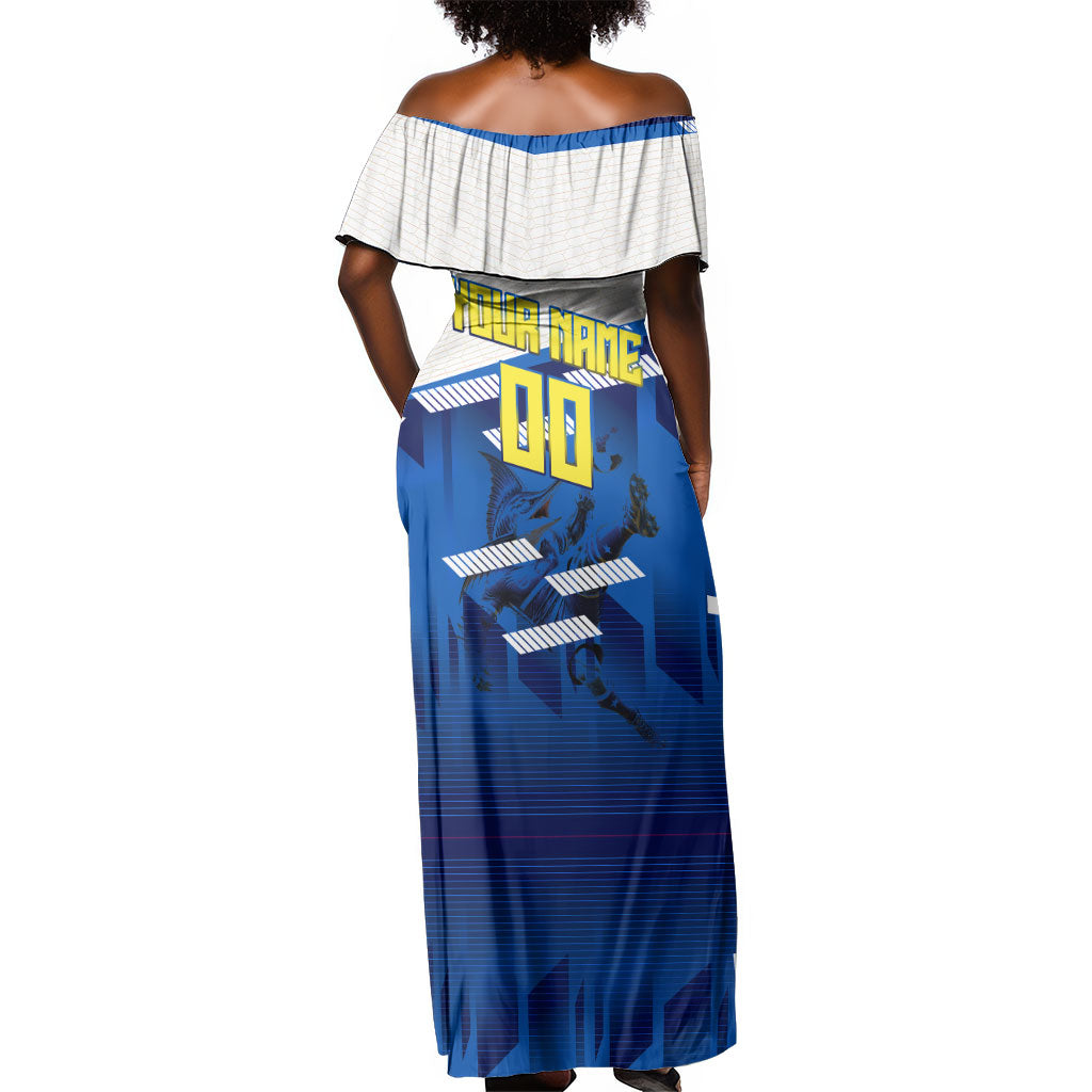 Personalized Curacao Football Off Shoulder Maxi Dress Marlin Mascot Blue National Flag Accents