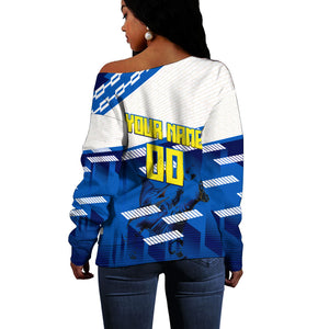 Personalized Curacao Football Off Shoulder Sweater Marlin Mascot Blue National Flag Accents