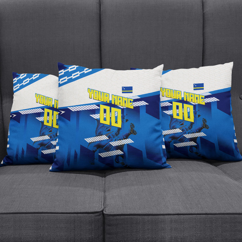 Personalized Curacao Football Pillow Cover Marlin Mascot Blue National Flag Accents