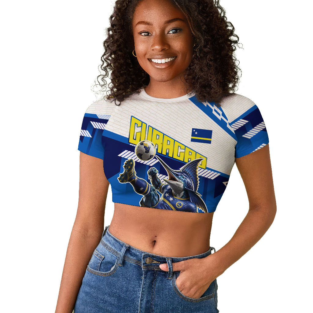 Personalized Curacao Football Raglan Cropped T shirt Marlin Mascot Blue National Flag Accents