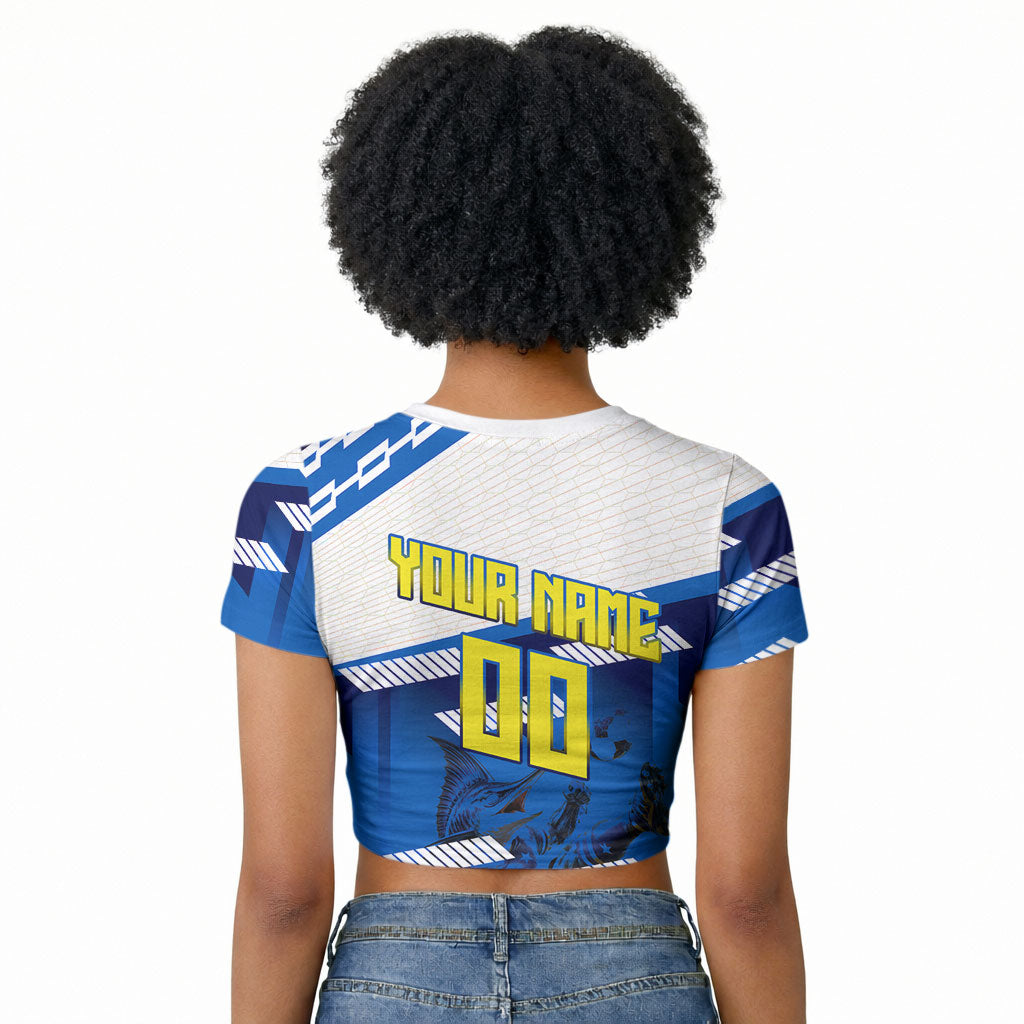 Personalized Curacao Football Raglan Cropped T shirt Marlin Mascot Blue National Flag Accents